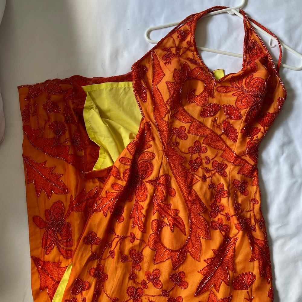 Vibrant Orange Chemise with Red Embroidery